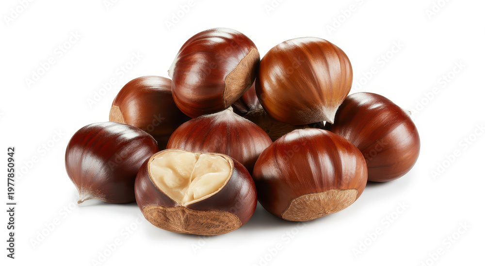 Obraz premium Pile of raw chestnuts including one opened nut with a light colored seed on white background