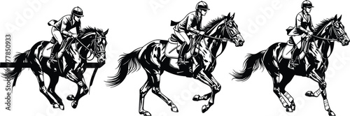 Black, and, white, horse, racing, silhouettes, with, jockeys, riding, in, competition, equestrian, sport, vector, illustration, set, for, logo, and, design,