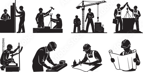 Construction Workers at Various Job Sites Silhouette Icons