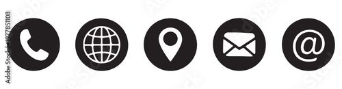 Web contact and communication icon. Call us, location, internet, mail and home icons. Linear and round.