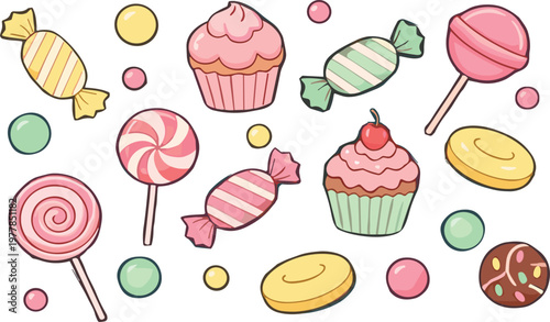Cute Candy and Dessert Set with Lollipop, Cupcake, Sweets and Chocolate Cartoon Flat Vector Illustration Collection for Bakery and Confectionery Design