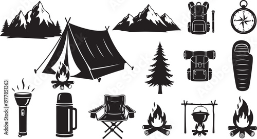 Camping icons and symbols in black and white