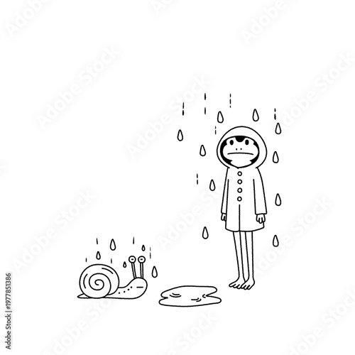 A frog and a snail wearing raincoats カッパを着たカエルとカタツムリ