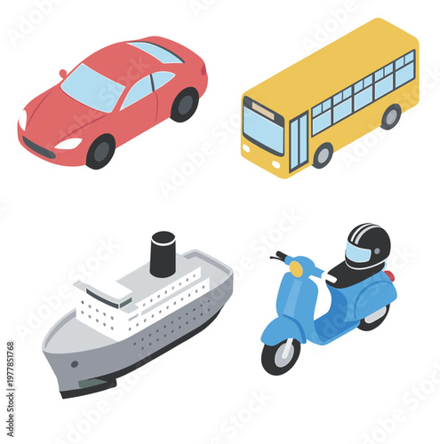 Isometric Transportation Vehicles Icons Set including Red Car, Yellow Bus, Cruise Ship and Blue Scooter Motorbike Isolated on White Background