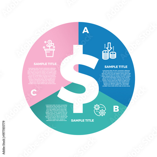 Circle vector infographic money 3 point step for financial profit report presentation. Vector editable.