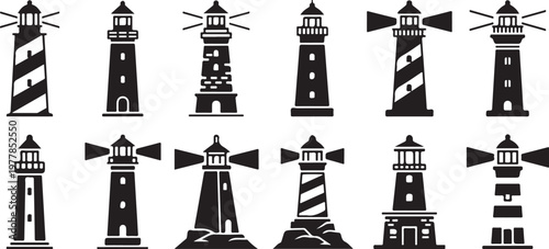 Collection of various lighthouse silhouettes and designs