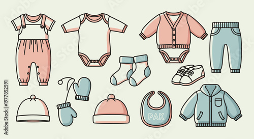 Baby clothes and accessories laid out.