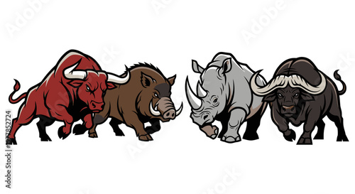 Four large animals with horns fighting.