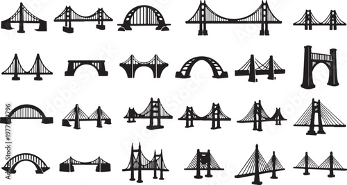 Various bridge designs and structures in black silhouette