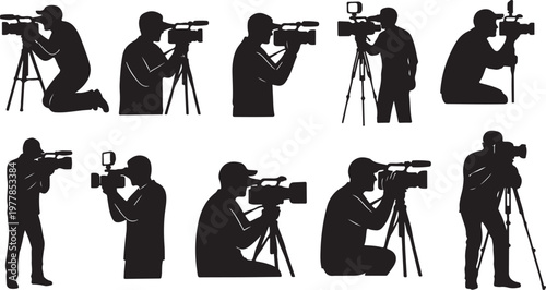 Photographers at work in various poses and positions silhouettes