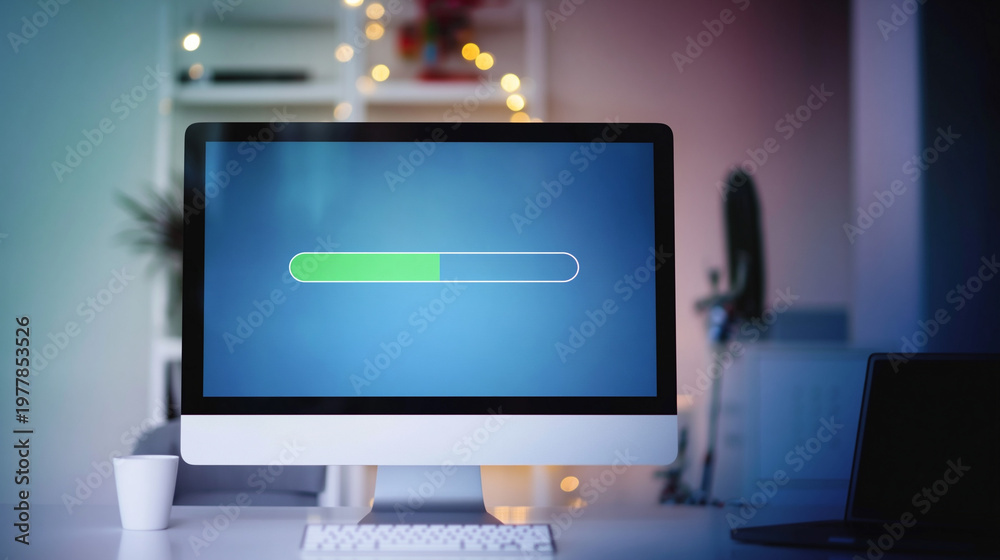 Fototapeta premium Modern Home Office with Computer Screen Displaying Loading Progress Bar – Streamlined Workspace Design for Remote Work Efficiency