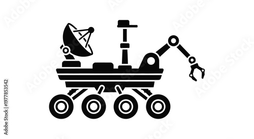 This professional vector graphic illustration shows a detailed planetary exploration rover with robotic arm components and satellite antenna for deep space mission research and surface discovery