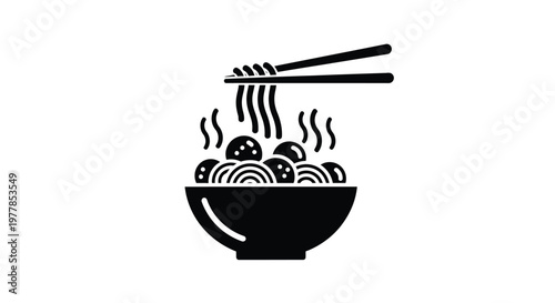 Simple black vector graphic illustration showing a ceramic bowl filled with steaming hot noodles and meatballs held by wooden chopsticks for a minimal design project
