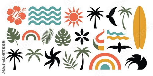 Foto Stylized summer themed illustrations, flowers, palms, sun, waves, and rainbow de