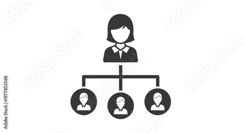 This professional vector illustration displays a clear business organizational structure showcasing a female manager leading a team of three employees with connections.