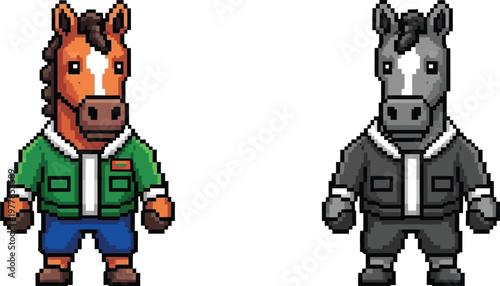 Two pixel art anthropomorphic horse characters, one brown and one grey, both dressed in casual jackets and shorts, standing upright.
