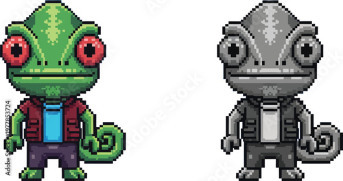 Two pixel art chameleons, one vibrant green and the other grayscale, both wearing jackets and shirts, standing upright with coiled tails.