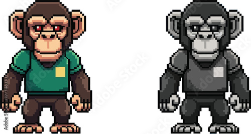Two pixel art chimpanzee characters, one in color with a green shirt and red eyes, the other in grayscale with a grey shirt, standing in a game-like style.