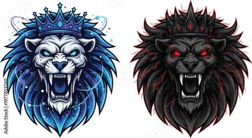 Two fierce crowned lion heads, one in blue and white with magical glow, and the other in black and red with fiery cracks, showcasing power and majesty.
