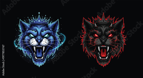 Two fierce, stylized cat heads, one blue with a crown and blue glow, the other black with red eyes and a red spiky aura, on a dark background.