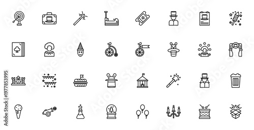 Circus 1867 icon set. Vintage circus vector illustrations. Includes clown, magician, magic wand, ticket, popcorn, balloons, cannon, juggler and more. Editable stroke.