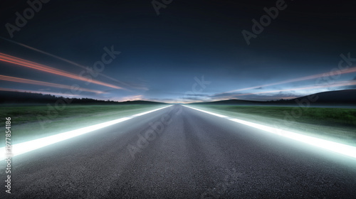 Night Journey: Long Exposure of Car Trails on a Scenic Open Road in Dusk Sky