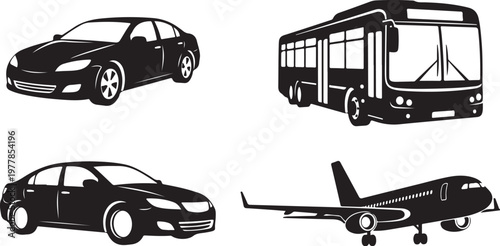 Transportation vehicles icons set with cars and airplane bus