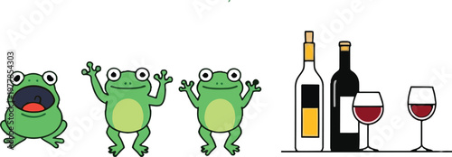 Cartoon Frog Character Set with Cute Amphibians and Wine Bottle Glass Illustration Collection Flat Vector Design for Fun and Beverage Themes