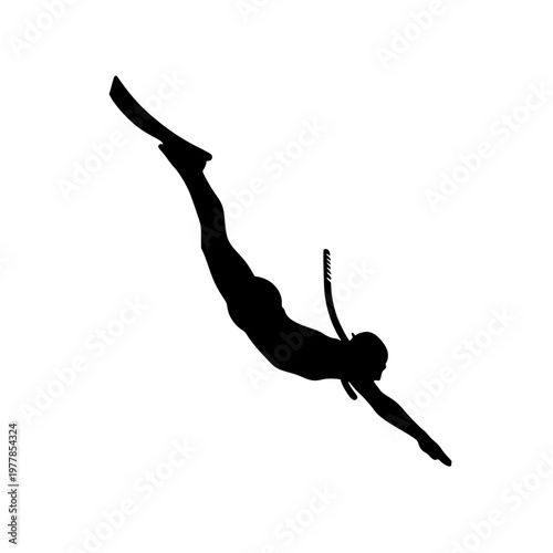 Free Diver Silhouette Diving Down with Snorkel and Fins