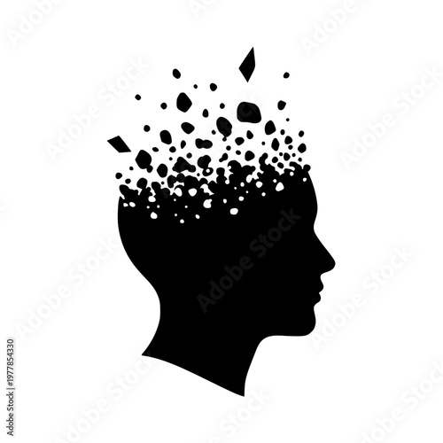 Head silhouette crumbling into fragments representing memory loss or dementia
