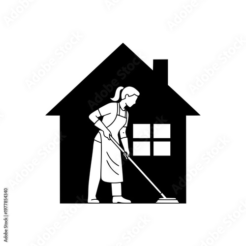 House cleaning service logo with woman mopping floor silhouette icon