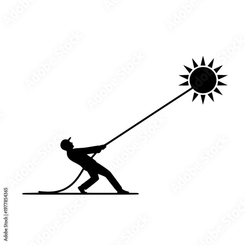 Man pulling the sun with a rope silhouette concept illustration