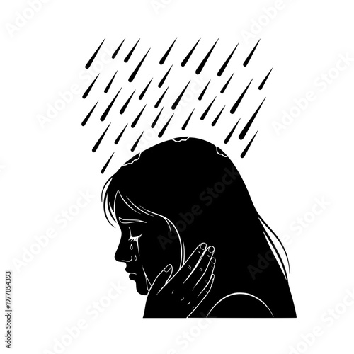 Sad woman silhouette crying in the rain emotional illustration