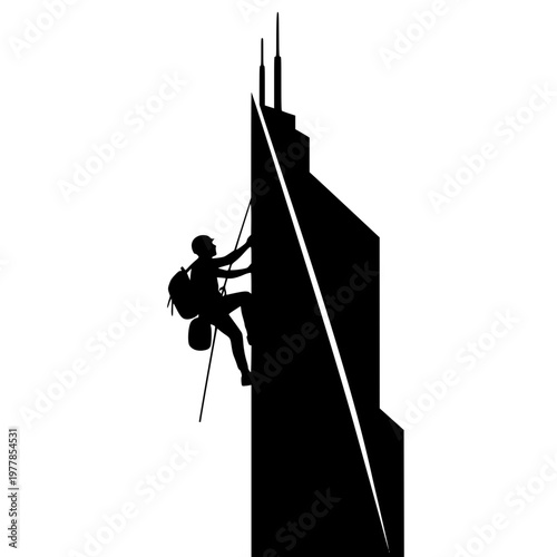 Silhouette of an extreme urban climber scaling a tall skyscraper