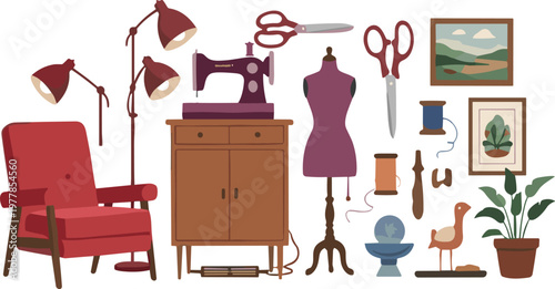 Sewing Workshop Interior Set with Sewing Machine, Mannequin, Scissors, Armchair and Decor Elements Flat Vector Illustration Collection