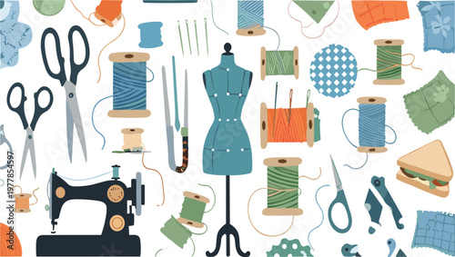 Sewing and Tailoring Tools Set with Sewing Machine, Mannequin, Threads, Needles and Scissors Flat Vector Illustration Collection for Fashion Design