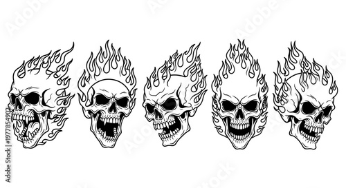 Flaming skulls in a row illustration.