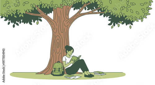 Man sitting under tree reading book.