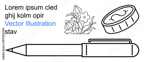 Education, finance, design elements, typography, drafting, creativity. A pen, coin flowers and text in black line art. Education and finance concepts for versatile usage