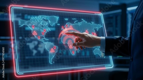 Global supply chain disruption risk control concept highlighting economic conflict zones and warning signs on digital world map with futuristic technology interface and conflict alert