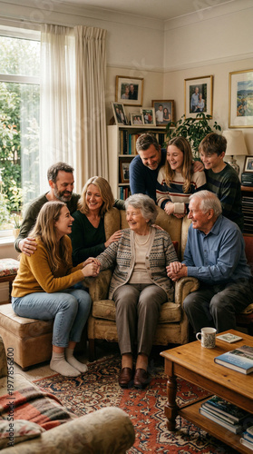 Family members gather around an elderly woman in a cozy living room setting