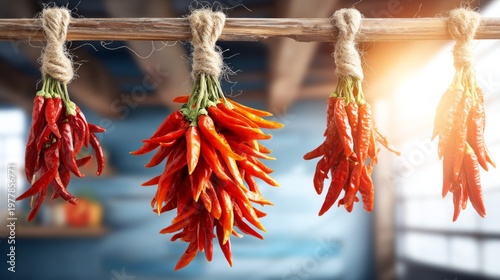 Dried Chili Peppers Tied with Twine Hanging in Rustic Setting