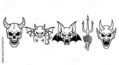 Black and white devil icons set.