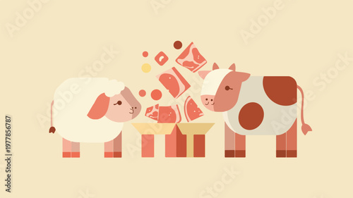 Cute Farm Animals with Meat Box Illustration
