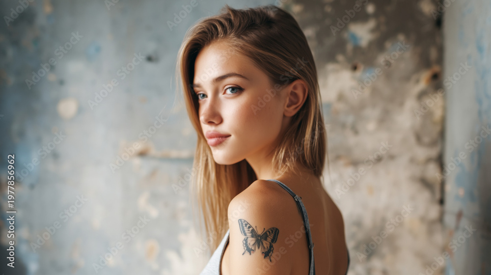 Fototapeta premium Stunning Portrait of a Young Woman with Vibrant Skin Tone, Tattoos, and Long Hair in an Urban Artistic Interior