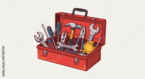 Red toolbox with various metal tools.