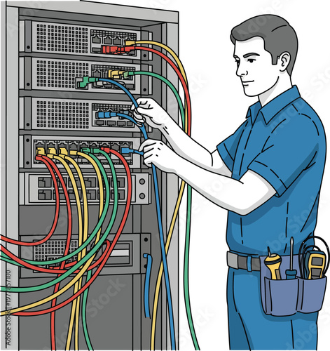 IT technician connecting network cables in server rack.
