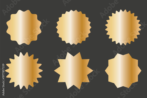 Luxury gold badge sticker with shiny foil texture and starburst shape. Premium circular seal icon for sale labels, price tags and promotions