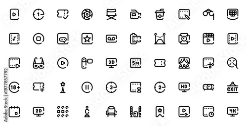 Cinema icon set. Film and video vector icons pack. Includes ticket, camera, clapperboard, projector, film reel, spotlight, 3d glasses and more. Editable stroke.