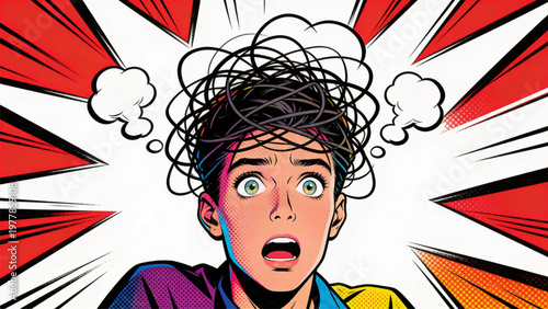 Stressed Man with Messy Tangled Thoughts in Pop Art Comic Style Expression.